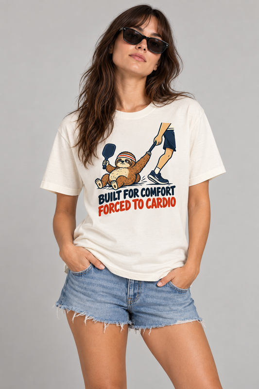 Model wearing Built for Comfort Forced to Cardio Pickleball T-Shirt