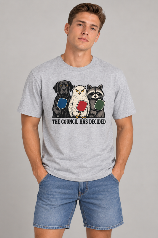Model wearing The Council Has Decided Pickleball T-Shirt