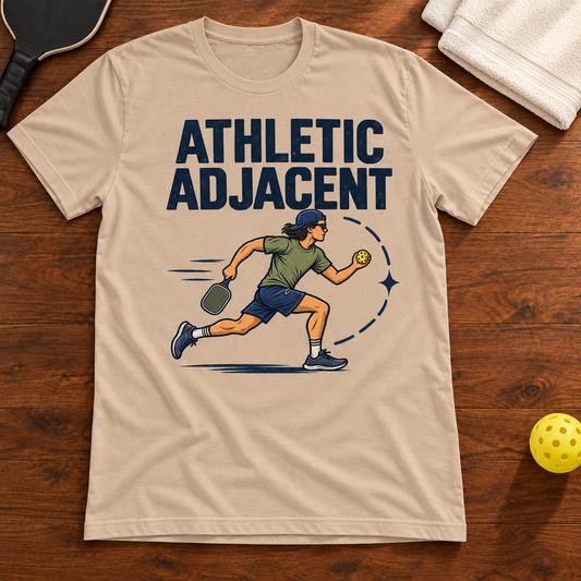 Athletic Adjacent Pickleball T-shirt, tan, warm wood Mockup 02