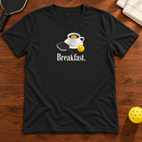 Breakfast Pickleball Coffee T-shirt, dark-grey, warm wood Mockup 02