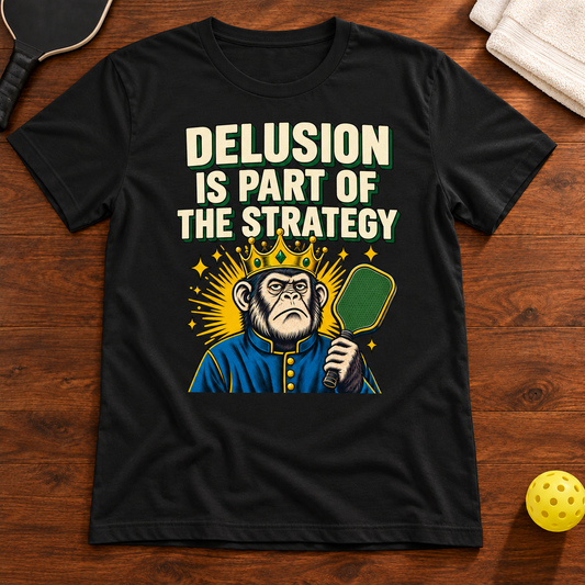 Delusion Is Part of the Strategy Pickleball T-shirt, black, warm wood Mockup 02