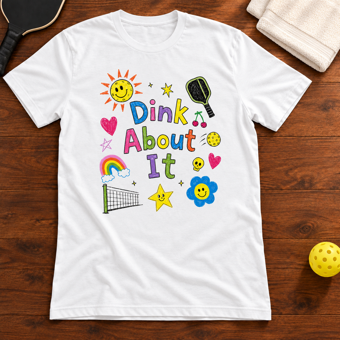Dink About It Pickleball T-shirt, solid-white-blend, warm wood Mockup 02
