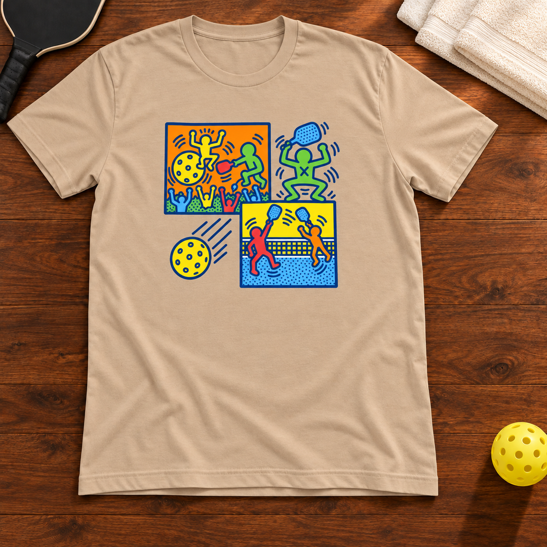 Dink in Motion Pop Art Pickleball T-Shirt, tan, warm wood Mockup 02