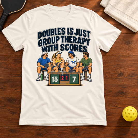 Doubles Is Just Group Therapy With Scores Pickleball T-shirt, vintage-white, warm wood Mockup 02