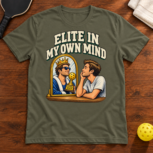 Elite in My Own Mind Pickleball T-shirt, military-green, warm wood Mockup 02