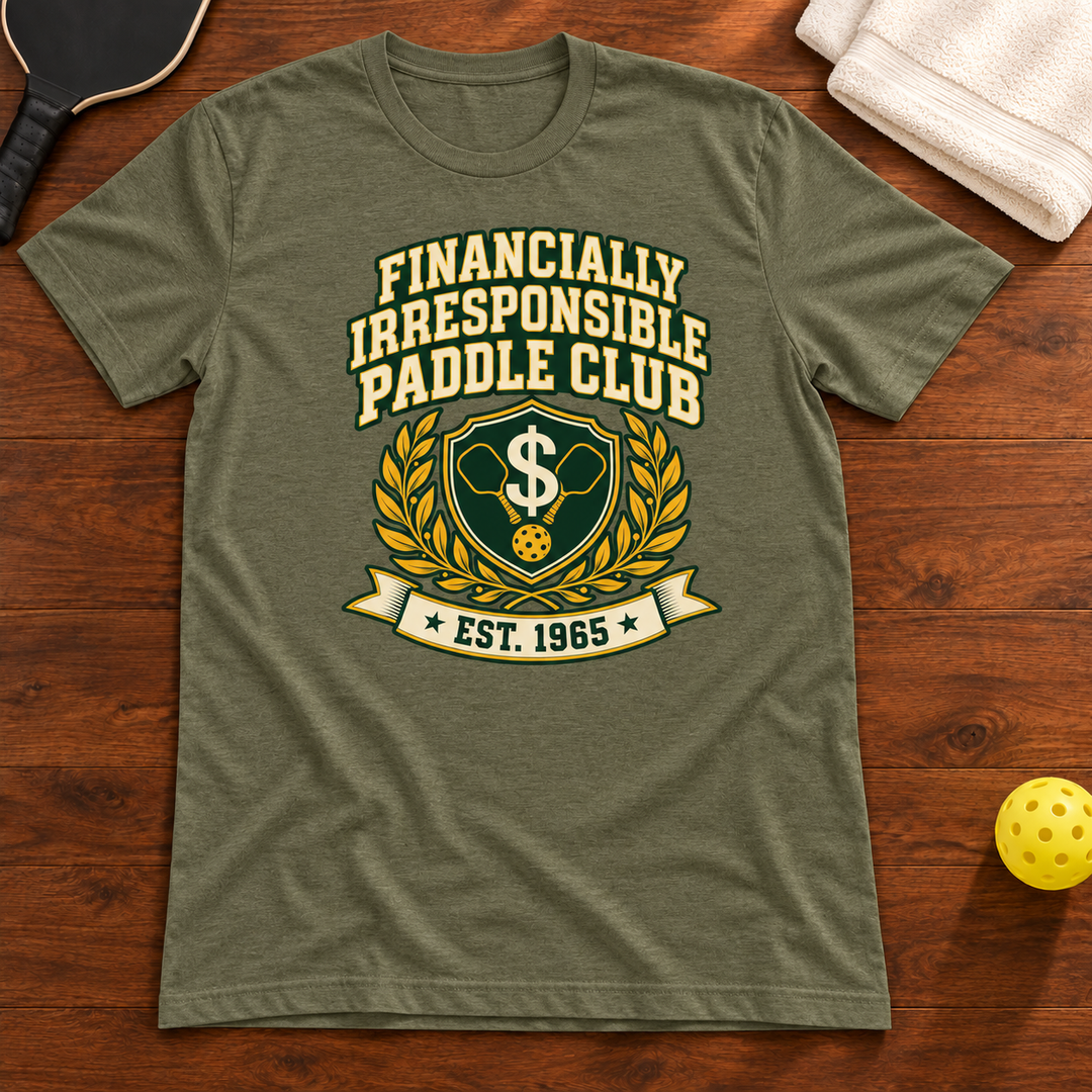 Financially Irresponsible Paddle Club T-shirt, heather-olive, warm wood Mockup 02