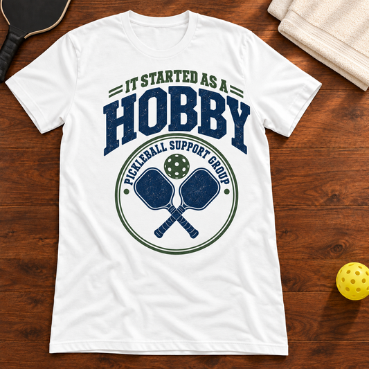 It Started As a Hobby Pickleball T-Shirt, white, warm wood Mockup 02
