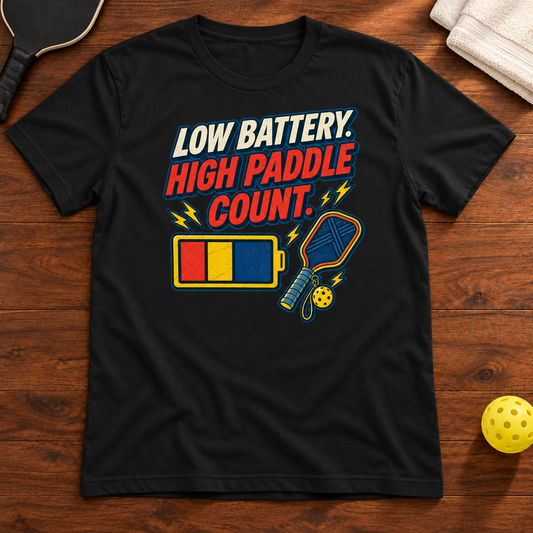 Low Battery High Paddle Count T-shirt, black, warm wood Mockup 02