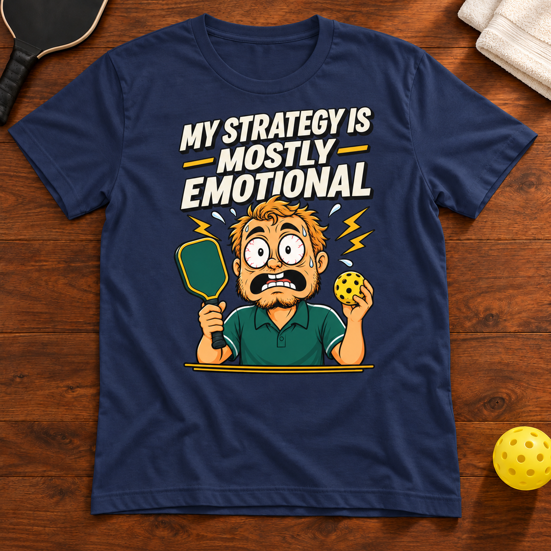 My Strategy Is Mostly Emotional Pickleball T-Shirt, navy, warm wood Mockup 02