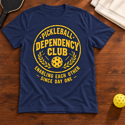 Pickleball Dependency Club T-shirt, navy, warm wood Mockup 02