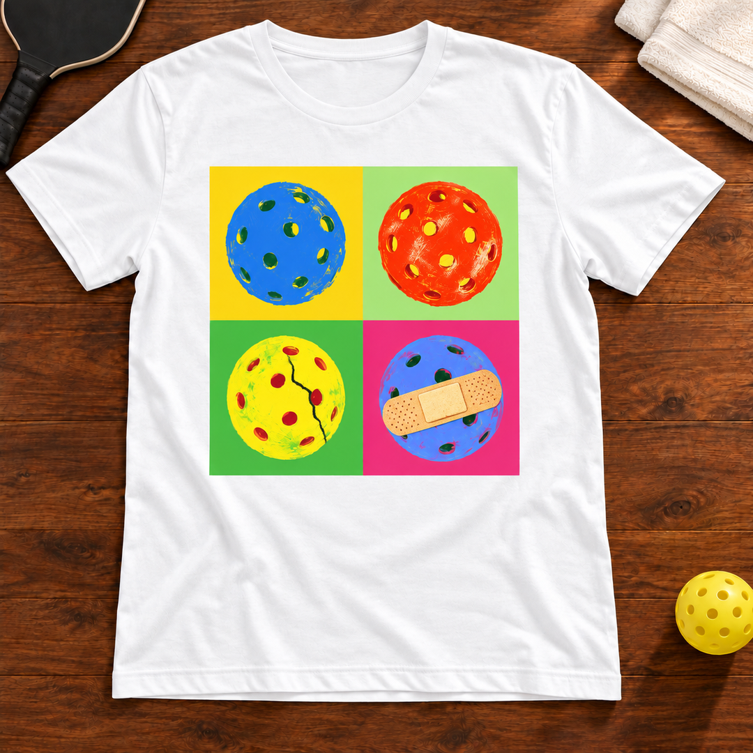 Four Games Later Pop Art Pickleball T-Shirt flat lay mockup