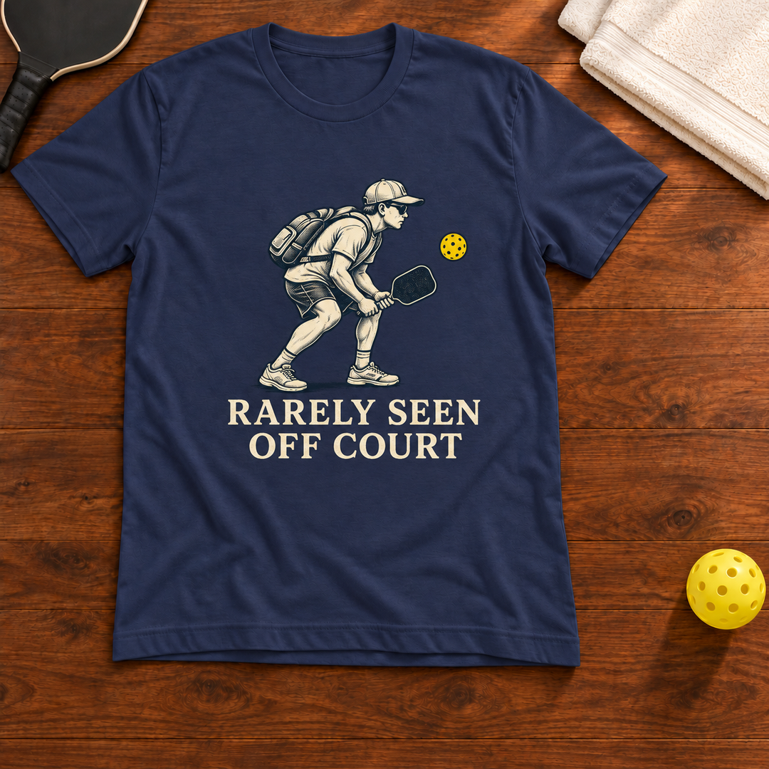 Rarely Seen Off Court Pickleball T-Shirt flat lay mockup