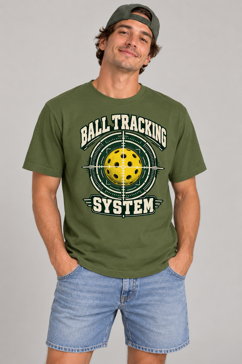 Model wearing Ball Tracking System Pickleball T-Shirt