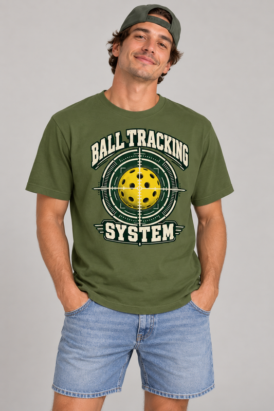 Model wearing Ball Tracking System Pickleball T-Shirt