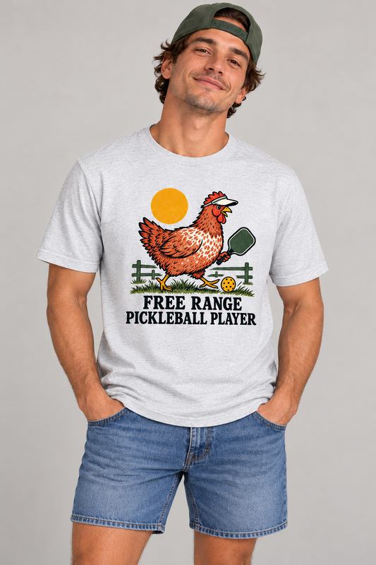 Portrait model wearing Free Range Pickleball Player T-Shirt
