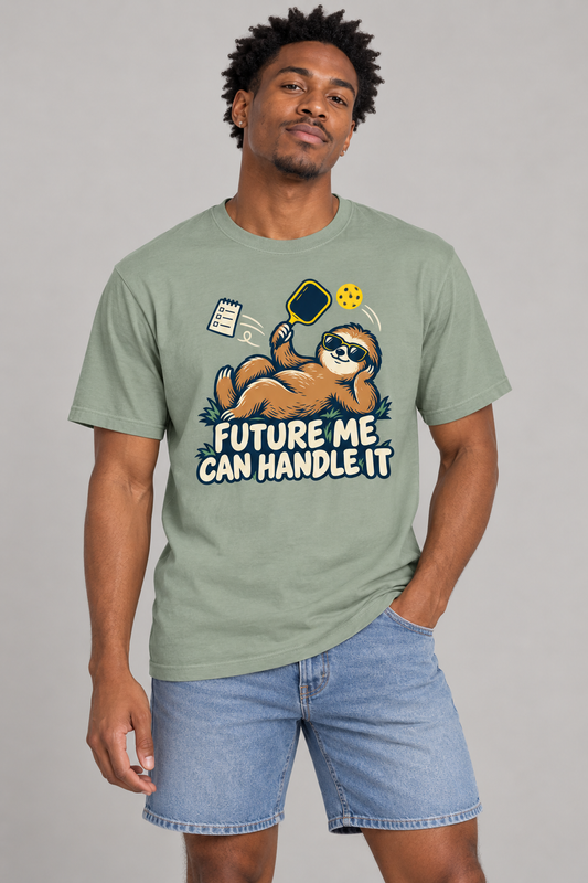 Model wearing Future Me Can Handle It Pickleball T-Shirt