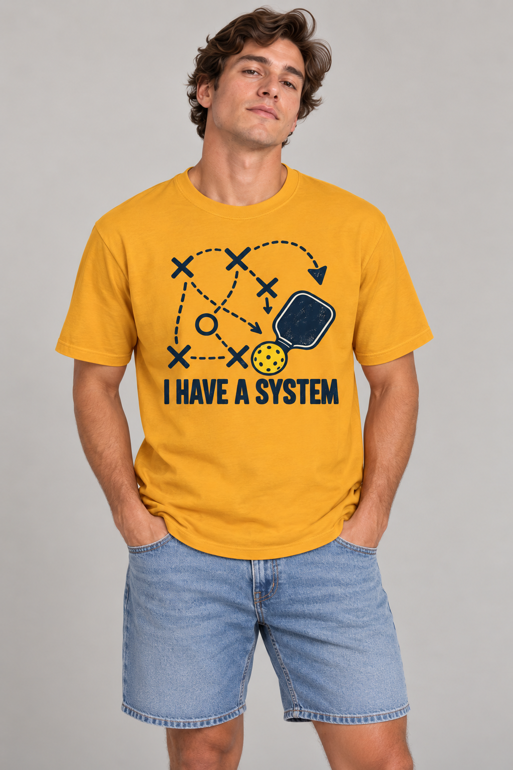 Model wearing I Have a System Pickleball T-Shirt