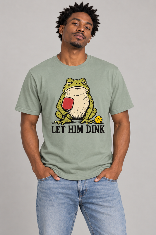 Model wearing Let Him Dink Frog Pickleball T-Shirt