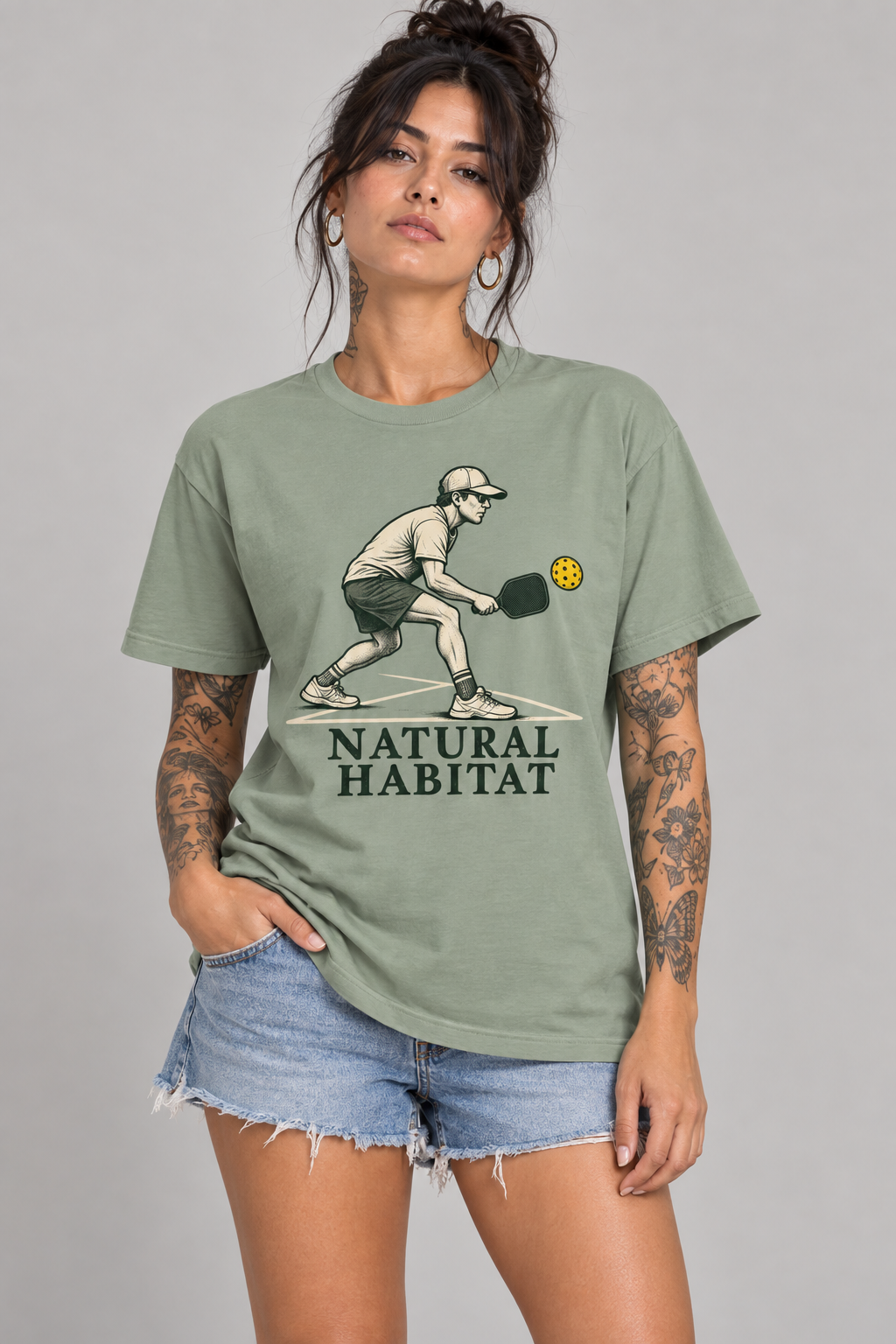 Model wearing Natural Habitat Pickleball T-Shirt