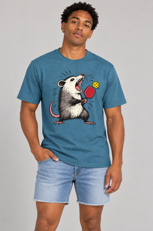 Portrait studio model wearing Pickleball Possum T-Shirt