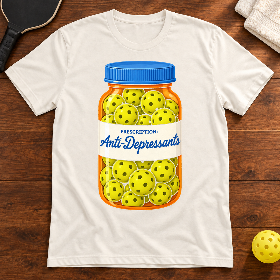 Pickleball Anti-Depressants Prescription T-shirt, vintage white, warm wood flat lay