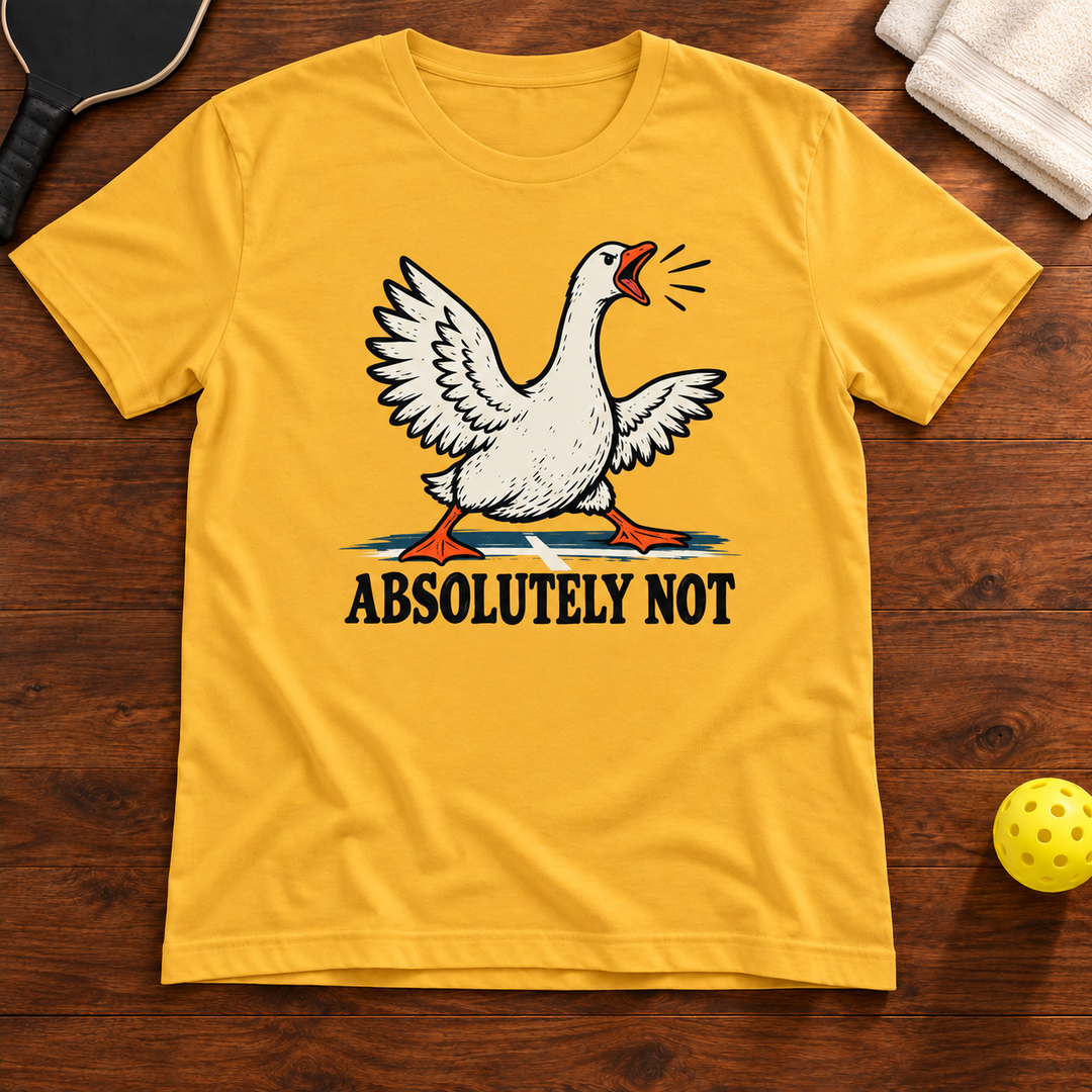 Absolutely Not Goose Pickleball T-Shirt, heather-yellow-gold, warm wood flat lay