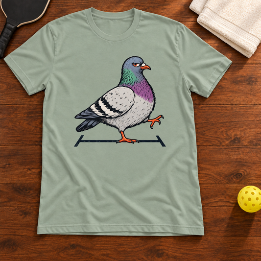 Court Pigeon Pickleball T-Shirt, sage, warm wood flat lay