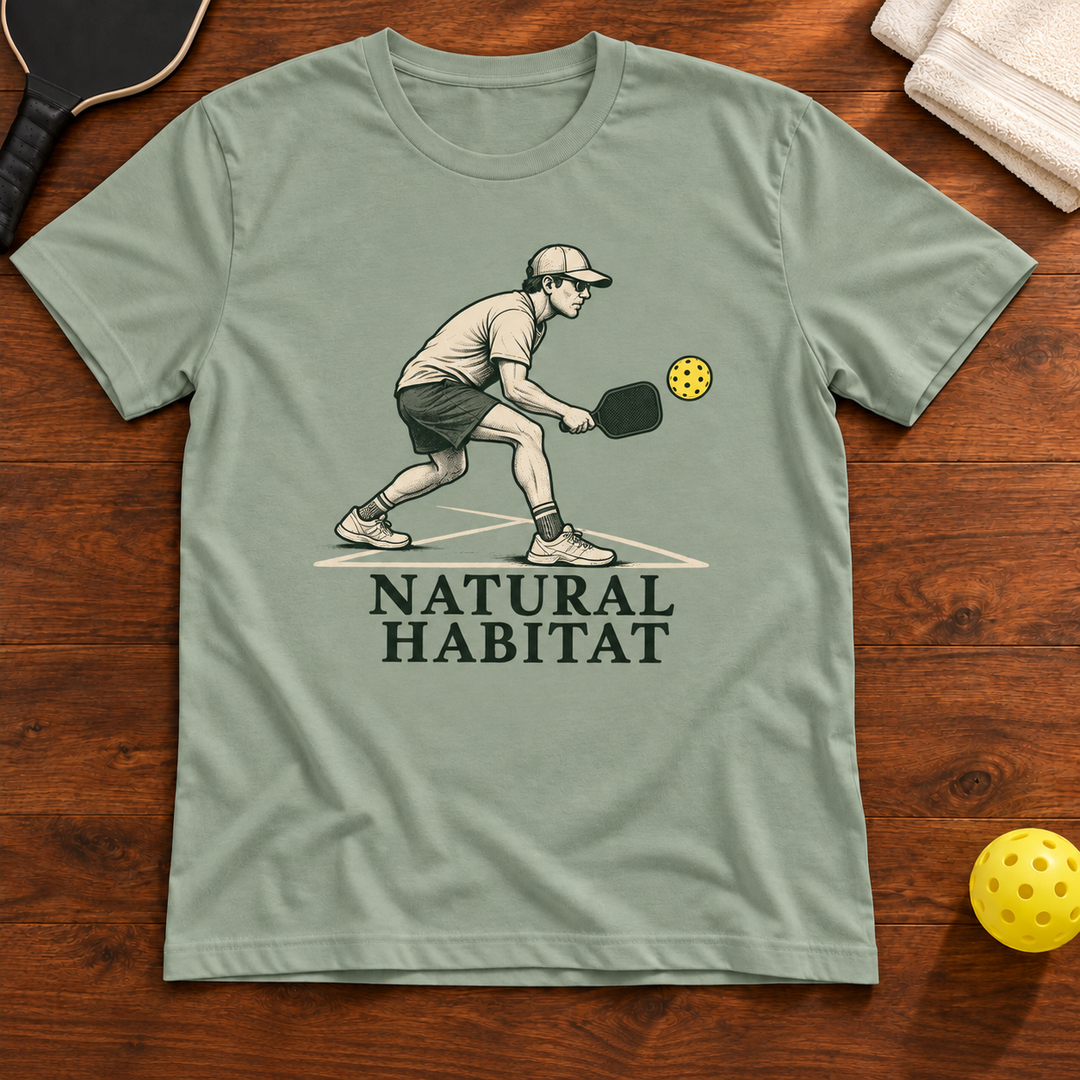 Natural Habitat Pickleball T-Shirt, sage, warm wood flat lay