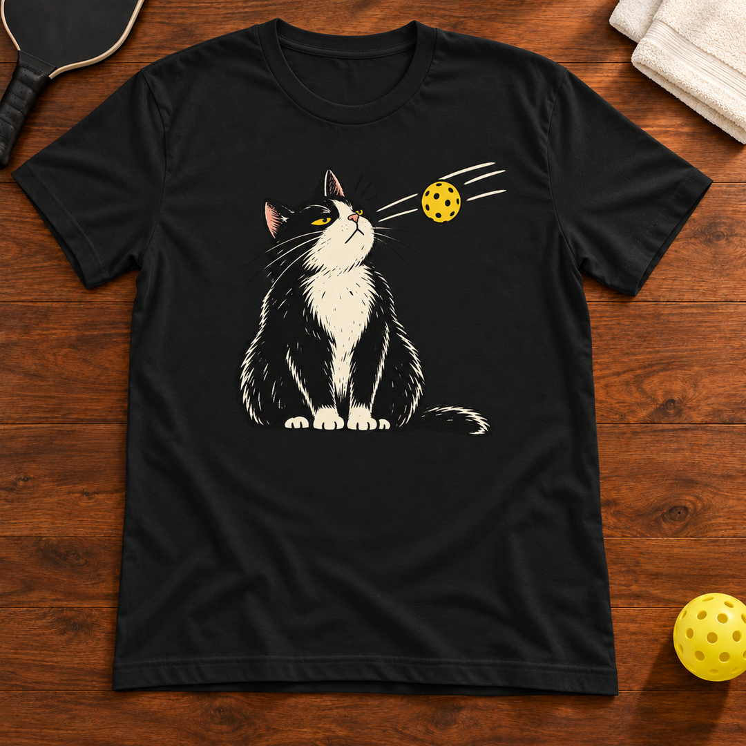 Unimpressed Pickleball Cat T-Shirt, black, warm wood flat lay