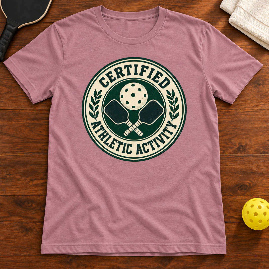 Certified Athletic Activity Pickleball T-Shirt, heather-orchid, warm wood flat lay