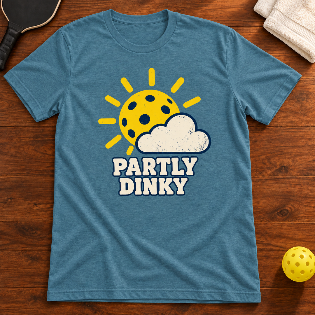 Partly Dinky Pickleball T-Shirt, heather-deep-teal, warm wood flat lay