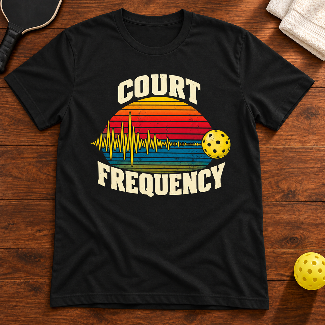 Court Frequency Pickleball T-Shirt, black, warm wood flat lay