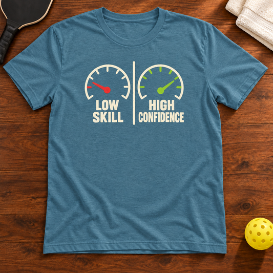 Low Skill High Confidence Pickleball T-Shirt, heather-deep-teal, warm wood flat lay