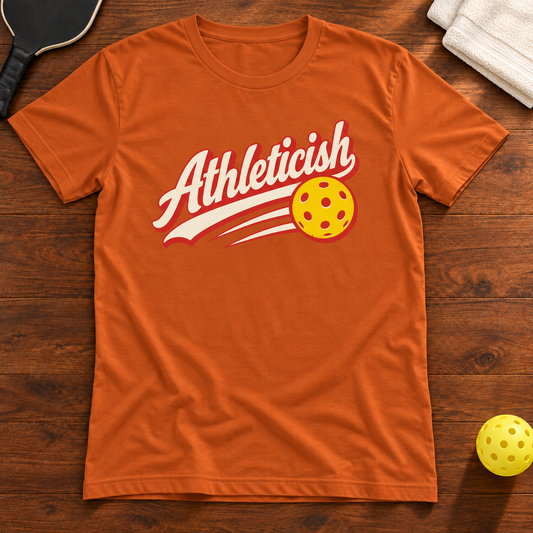 Athleticish Pickleball T-Shirt, autumn, warm wood flat lay