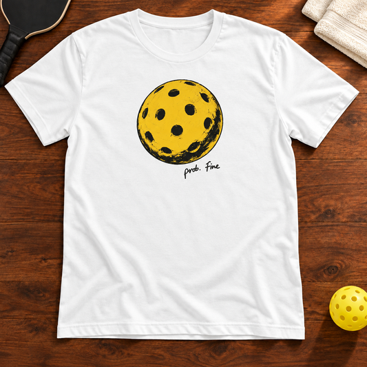 Probably Fine Pickleball Pop Art T-Shirt, white, warm wood flat lay