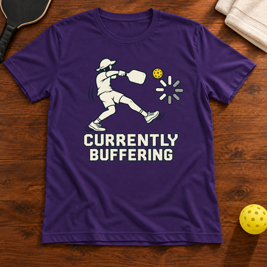 Currently Buffering Pickleball T-Shirt, team-purple, warm wood flat lay