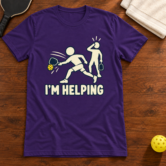 I'm Helping Pickleball T-Shirt, team-purple, warm wood flat lay