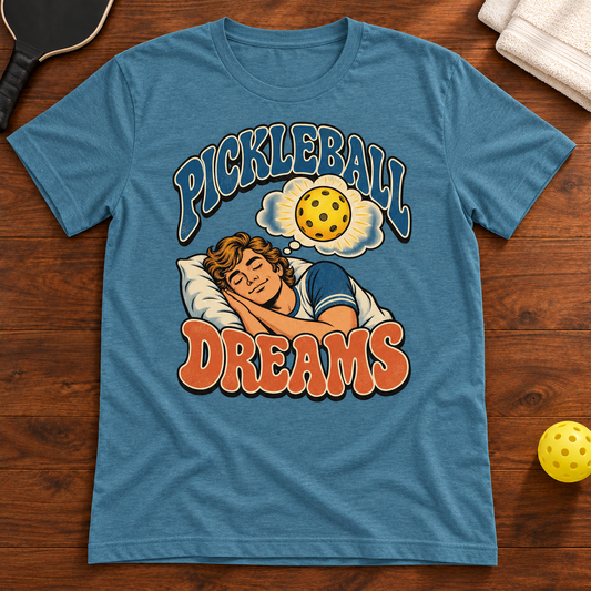 Pickleball Dreams T-Shirt, heather-deep-teal, warm wood flat lay
