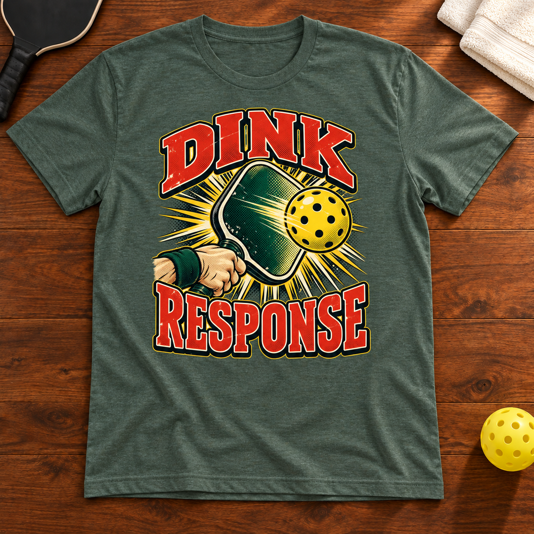 Dink Response Pickleball T-Shirt, heather-forest, warm wood flat lay