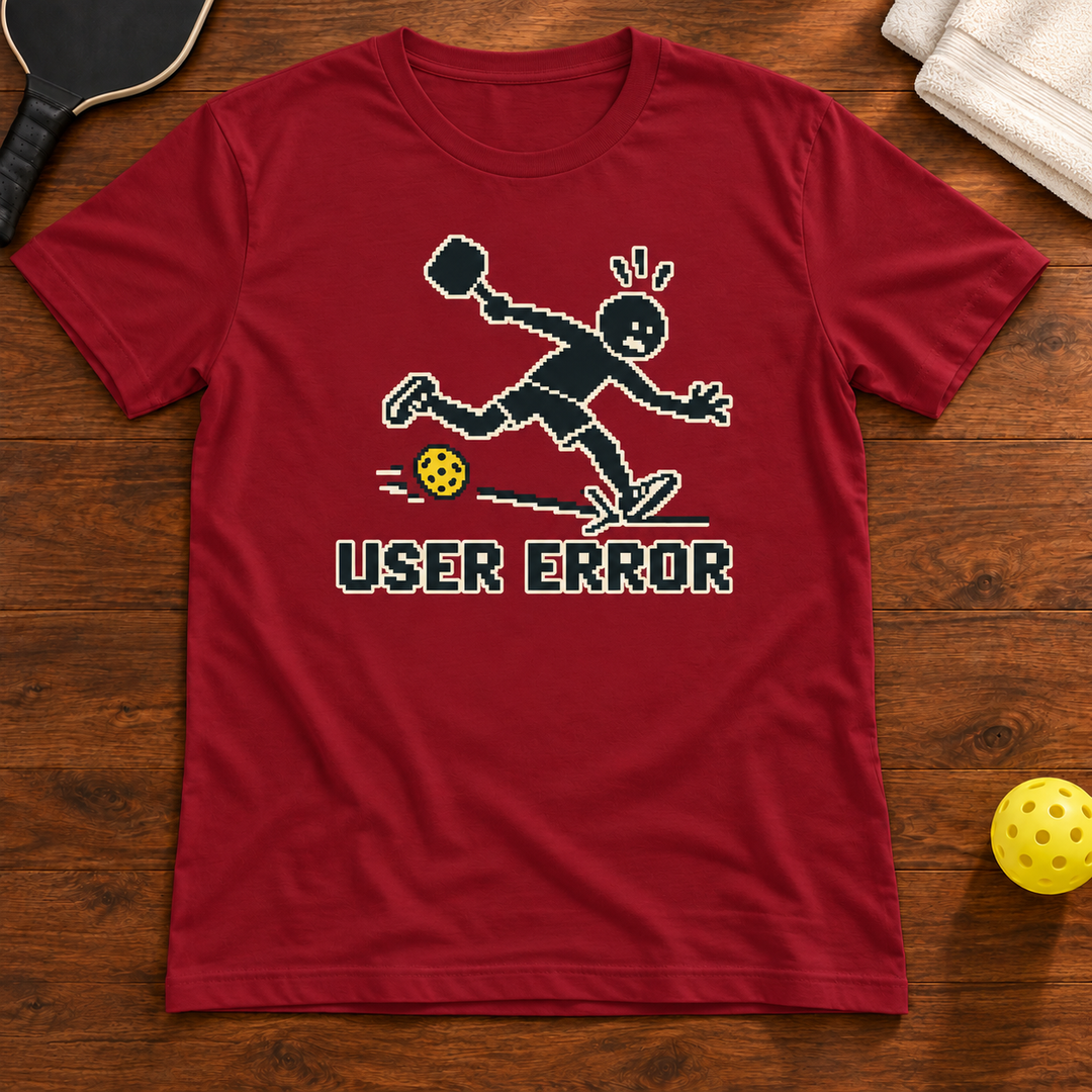 User Error Pickleball T-Shirt, cardinal, warm wood flat lay