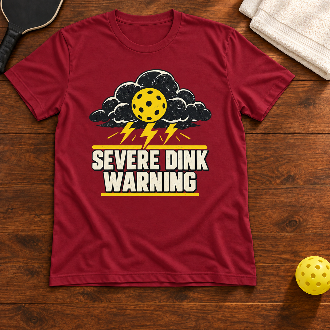 Severe Dink Warning Pickleball T-Shirt, cardinal, warm wood flat lay