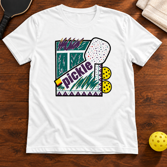 Retro Pickle Paddle Pickleball T-shirt, white, warm wood flat lay
