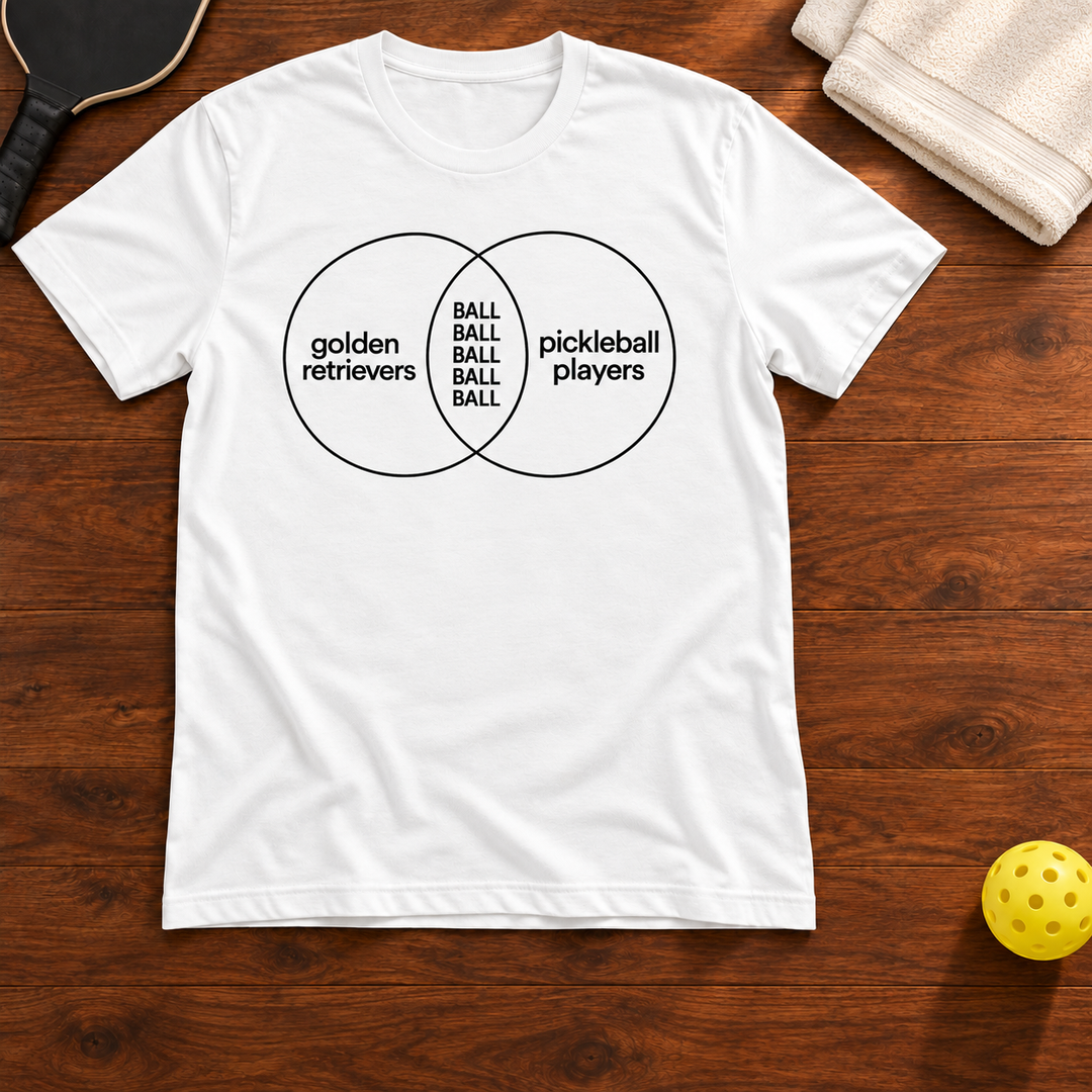 Ball Ball Ball Pickleball T-Shirt, white, warm wood flat lay