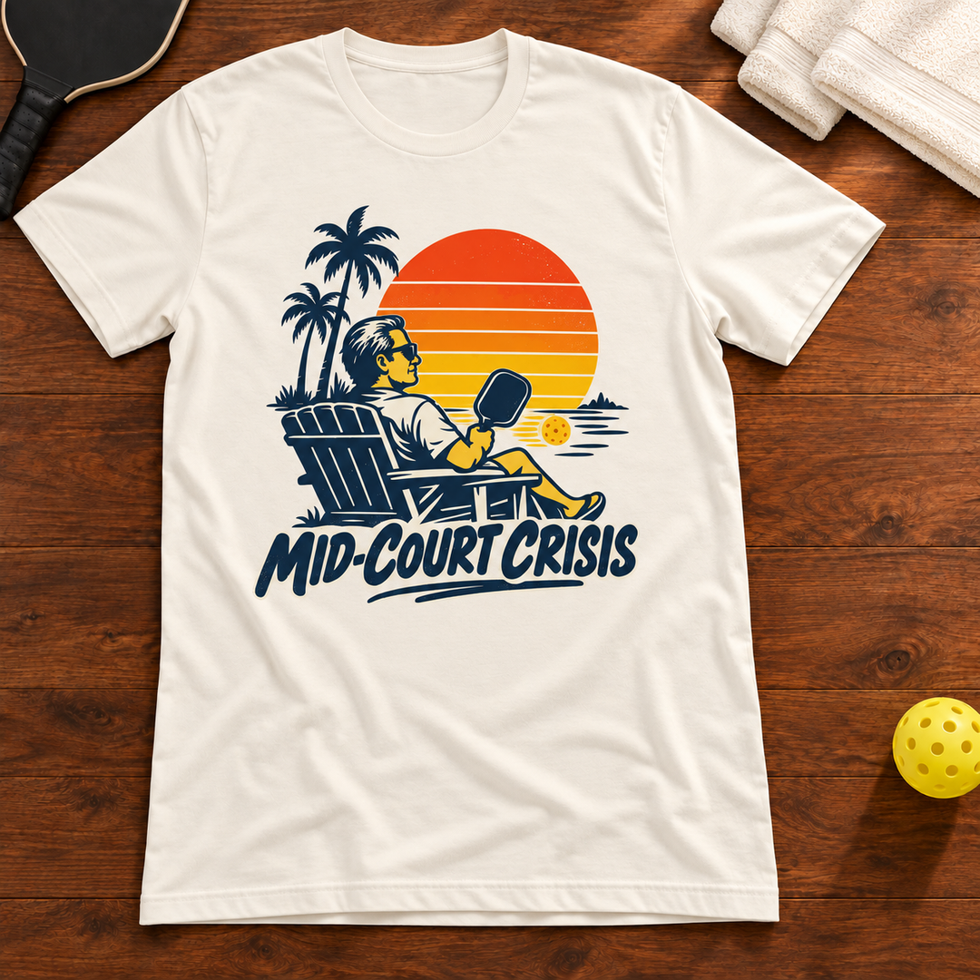 Mid-Court Crisis Pickleball T-Shirt, vintage-white, warm wood flat lay