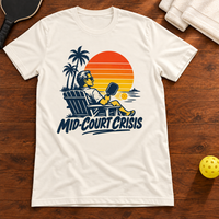 Mid-Court Crisis Pickleball T-Shirt, vintage-white, warm wood flat lay