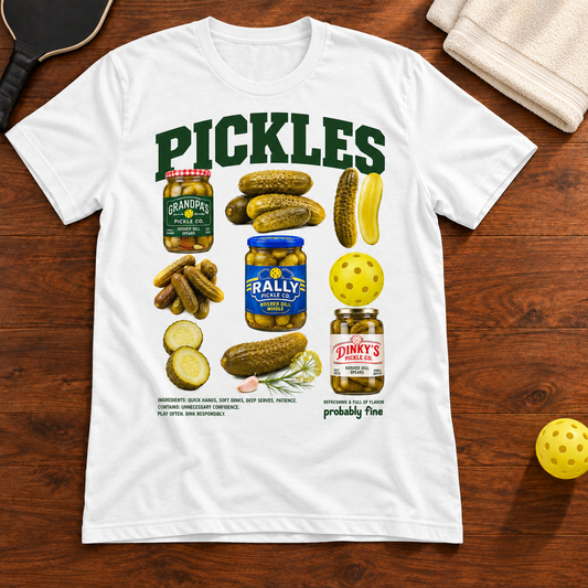 Pickles & Pickleball Probably Fine T-shirt, solid-white-blend, warm wood flat lay