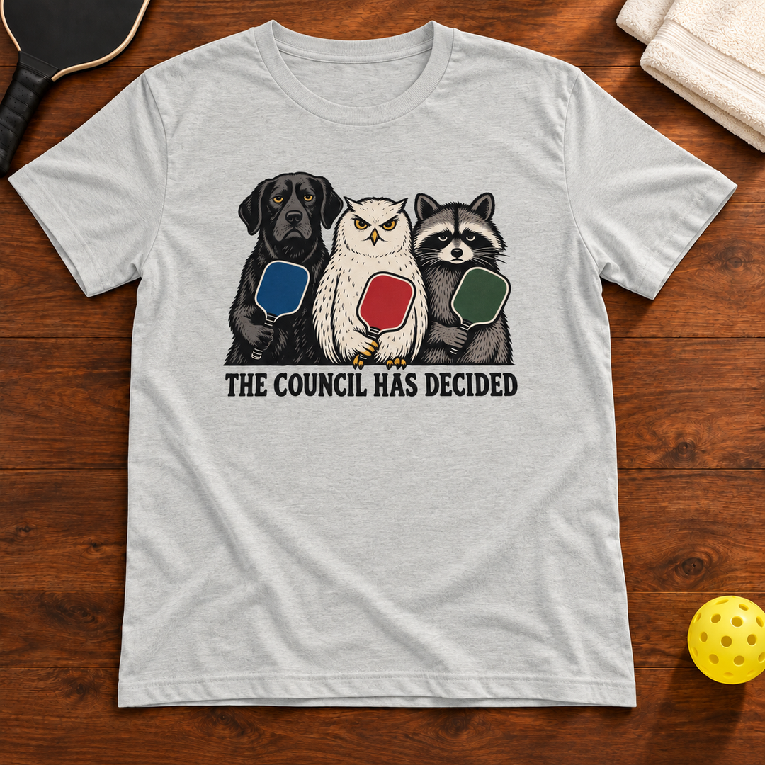 The Council Has Decided Pickleball T-Shirt, athletic-heather, warm wood flat lay