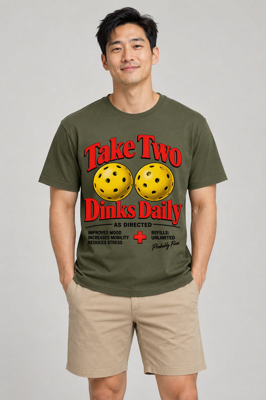 Take Two Dinks Daily Pickleball T-Shirt studio photo on model