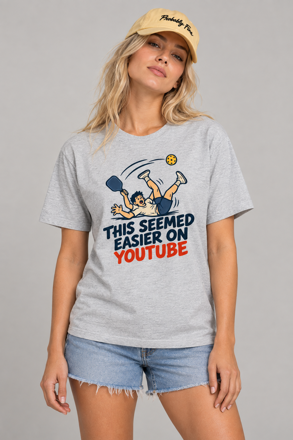 Model wearing This Seemed Easier on YouTube Pickleball T-Shirt