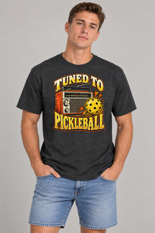 Model wearing Tuned to Pickleball T-Shirt